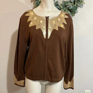 NWT Tasha Polizzi Brown Zip Front Cardigan Gold Sequin Stone Bead Detail M